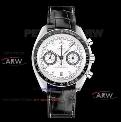 Perfect Replica Swiss 9900 Omega Speedmaster White Dial Watches - Black Leather Band